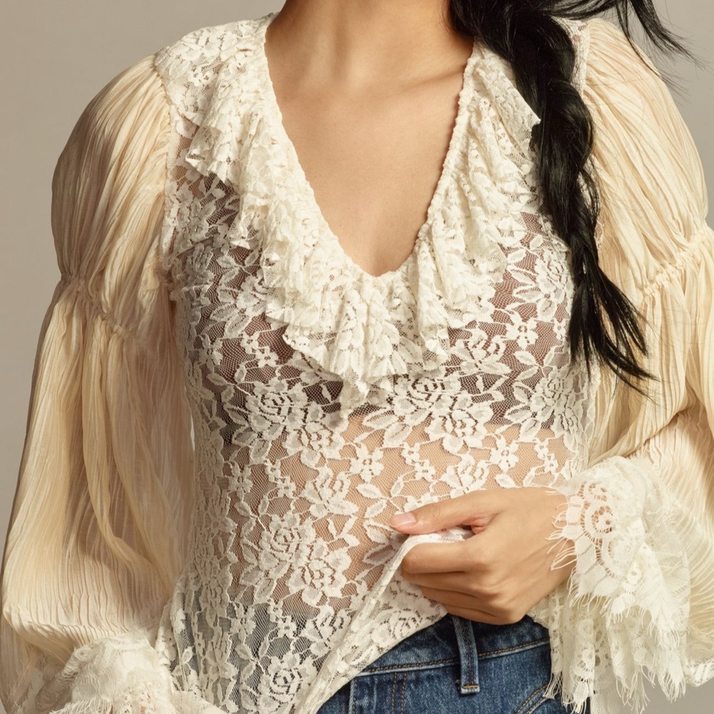 NWT Anthropologie Wide-Sleeve Sheer Lace Ruffle Top L